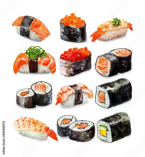 sushi set watercolor digital painting good quality