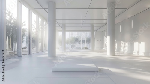 A sleek allwhite fitness studio with floortoceiling windows allowing natural light to fill the space.