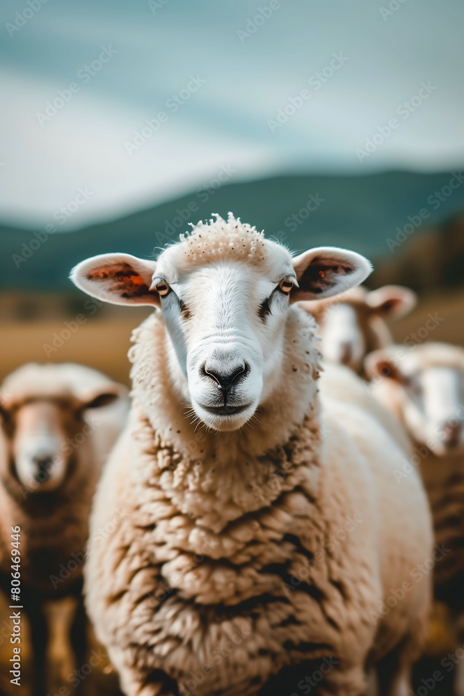 Calm Observer: Sheep Grazing in Mountain Pasture Calm Observer: Sheep Grazing in Mountain Pasture