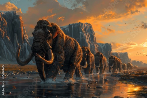 A herd of mammoths crossing a river during the Pleistocene period. photo