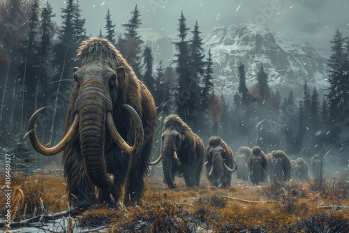 A herd of mammoths walking through Siberia during the Pleistocene period