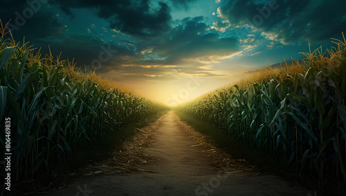 a path leading to a field of corn with a horizon at sunset , view surreal , farm , clouds , Harvest season, corn fields , film background © YOUCEF