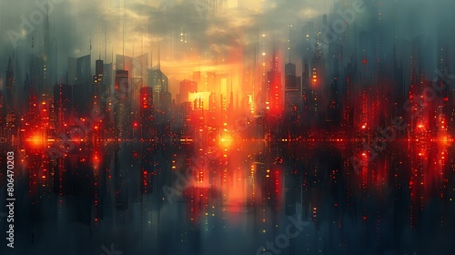 Geometric cityscape  Abstract skyline with red and black buildings and golden lights  depicting a futuristic city