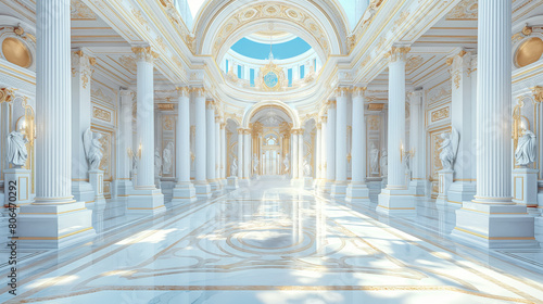 A luxurious white baroque style interior with ornate columns, arches, and statues on a marble floor against a sunny sky backdrop. Generative AI photo