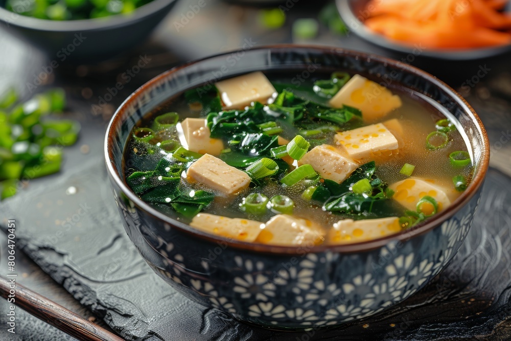Beautiful presentation of tasty miso soup. Concept of Japanese cuisine and culture. Beautiful presentation of tasty miso soup. Concept of Japanese cuisine and culture.