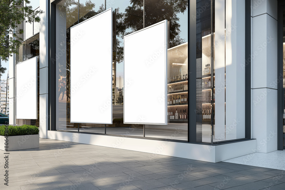 Three blank white banners on a modern building exterior for ...