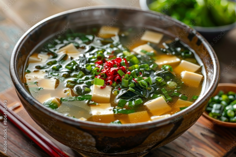 Beautiful presentation of tasty miso soup. Concept of Japanese cuisine and culture. Beautiful presentation of tasty miso soup. Concept of Japanese cuisine and culture.