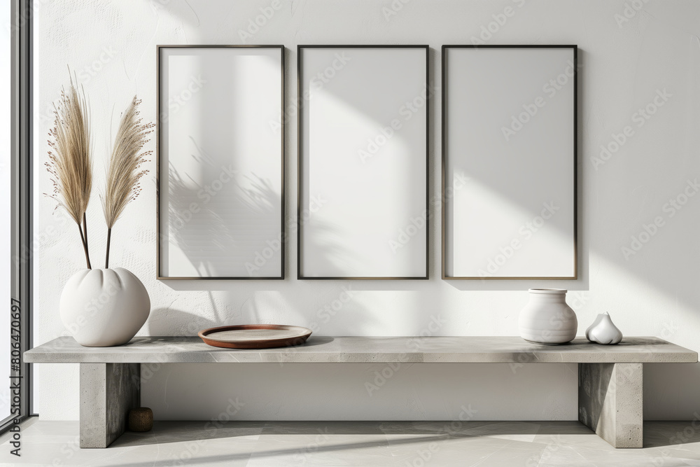 Three blank frames on a wall above a bench with vases, light sunlight shadows, concept of a mockup interior. Generative AI Three blank frames on a wall above a bench with vases, light sunlight shadows, concept of a mockup interior. Generative AI