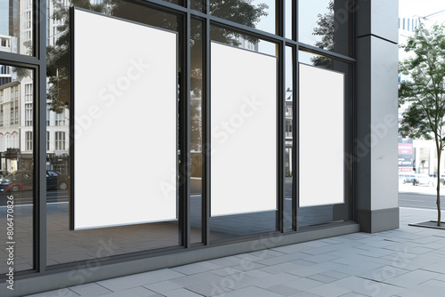 An urban building exterior features empty billboards on a facade for mockup advertisements against a city street backdrop  Generative AI.