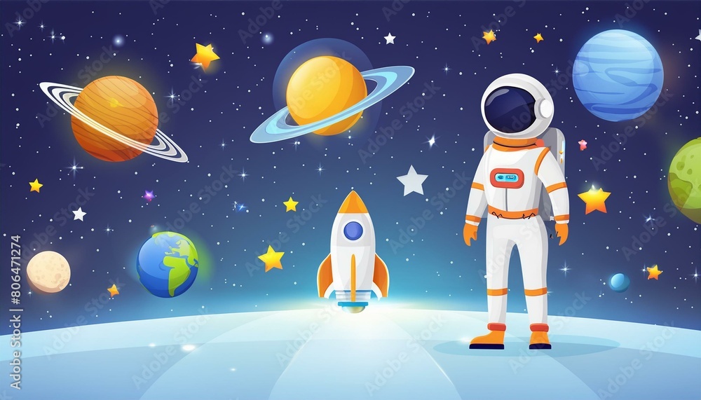 Naklejka premium Space flat vector background with astronaut, rocket, spaceship, moon, planets and stars. Space for your text.
