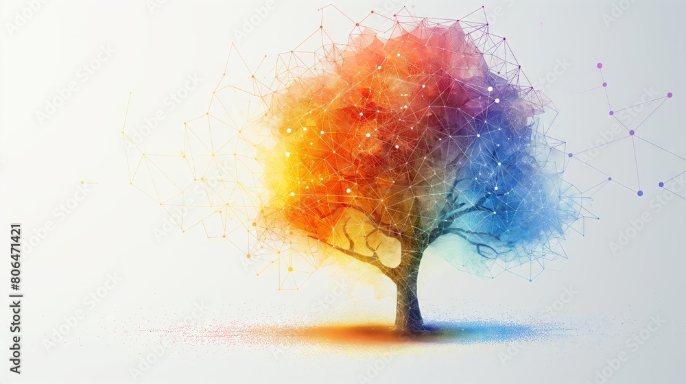 In a presentation design, an abstract polygonal tree and technology background are displayed with dots and lines against a white backdrop, emphasizing AI.Network