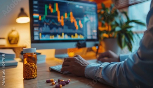 stress-relief pills in the foreground with stock market charts on a computer screen depicting the stressful nature of trading and investment Concept of managing stress in financial environments #806471451