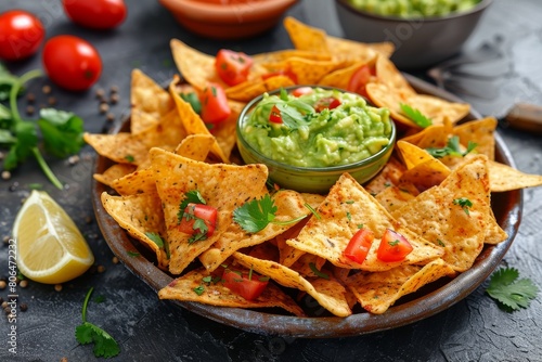 Nachos with guacamole sauce on a plate. Great presentation for food serving. 