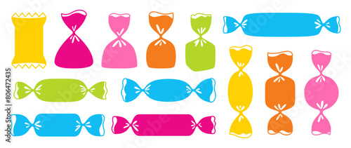 Candy wrapped sweets colorful set. Bonbon lollipop chocolate, caramel multicolor silhouette candies snack wrapping. Tasty sugar dessert food childish party. Wrapped caramel yummy graphic simple vector