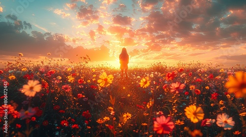 A person stands in a field of flowers with the sun setting in the background