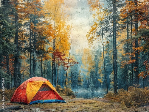 A red and yellow tent is set up in a forest