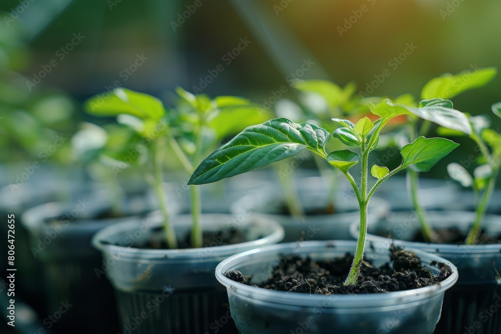 Seedlings for planting in disposable cups. A vibrant photo representing the concept of the spring planting season. Seedlings for planting in disposable cups. A vibrant photo representing the concept of the spring planting season.