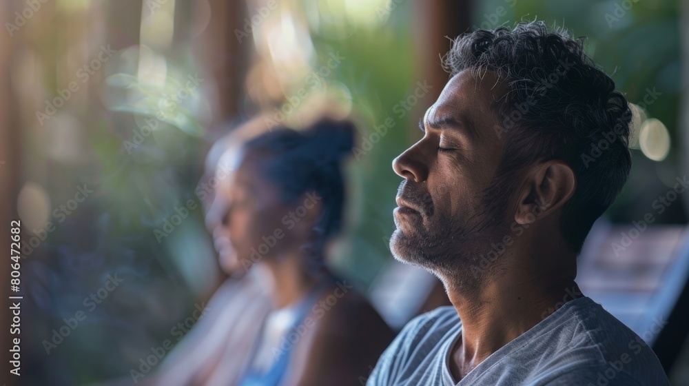 A man is practicing mindful breathing techniques during a guided meditation session at his wellness retreat.