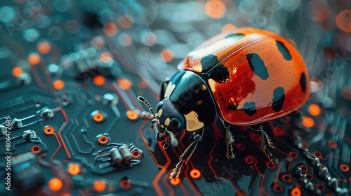 The concept of a computer bug depicted by a ladybug on computer circuits, representing troubleshooting and debugging.