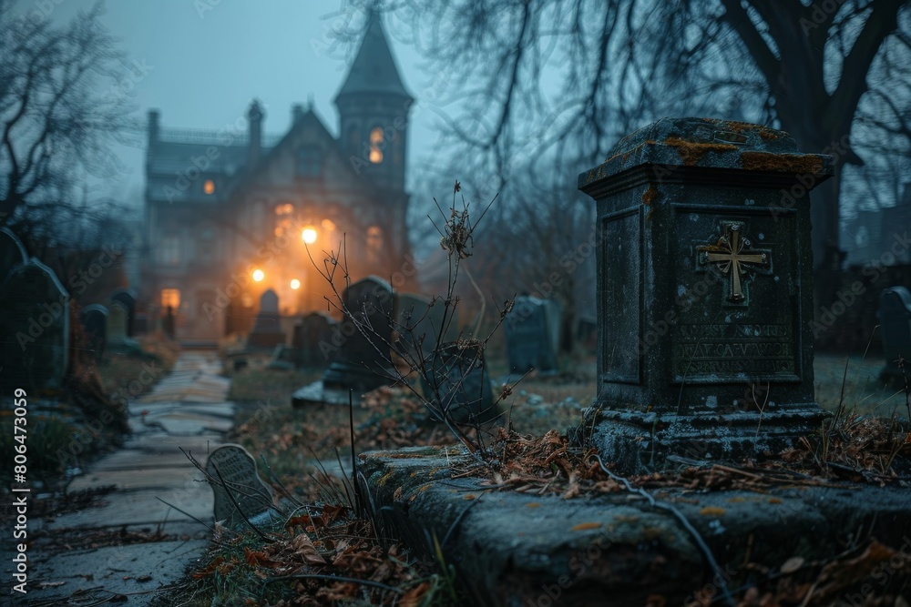 Tombstones in an old cemetery at night. Halloween concept, day of the dead Tombstones in an old cemetery at night. Halloween concept, day of the dead