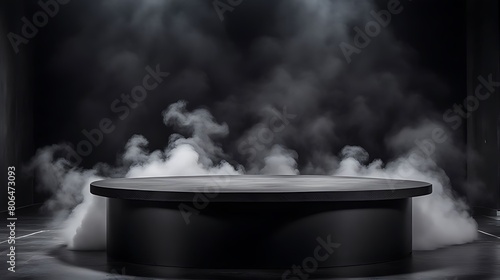  Podium black dark smoke background product platform abstract stage texture fog spotlight. Dark black floor podium dramatic empty night room table concrete wall scene place display studio smoky dust 