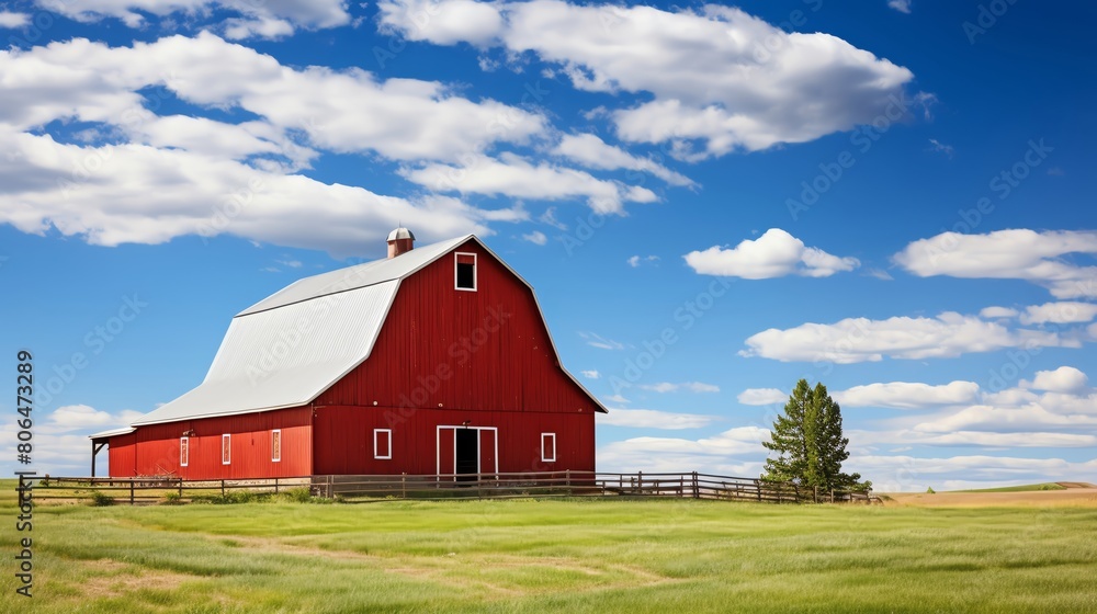 A red barn sits in a green field under a blue sky with white clouds. A red barn sits in a green field under a blue sky with white clouds.