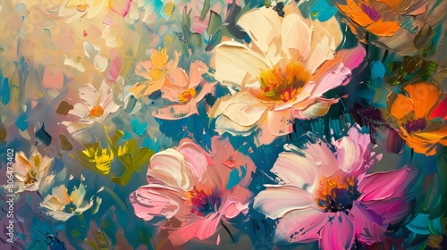 Beautiful background. Beautiful floral background. Colorful flowers. Oil painting. Abstract art background. © Mentari