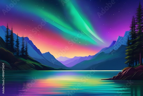  A mesmerizing display of the aurora borealis illuminating the night sky above a serene lake. 