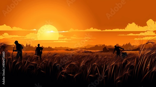 A farmer and his two sons work in the golden wheat field. The sun sets behind them. The sky is orange. photo