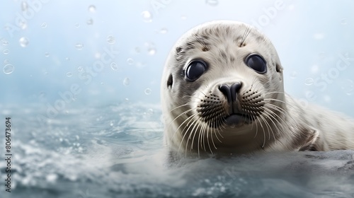 Adorable baby seal against a seamless white canvas,