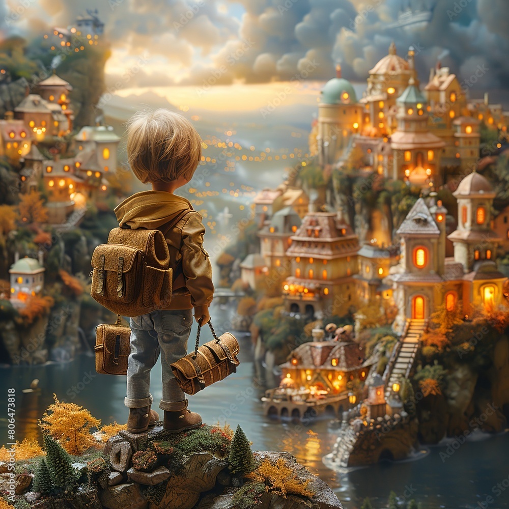 A young boy is standing on a hill overlooking a city with a backpack on his back