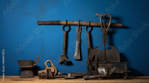 A collection of old rusty tools on a blue background.