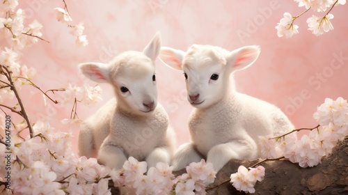 Two cute little lambs sitting on a branch of a cherry blossom tree