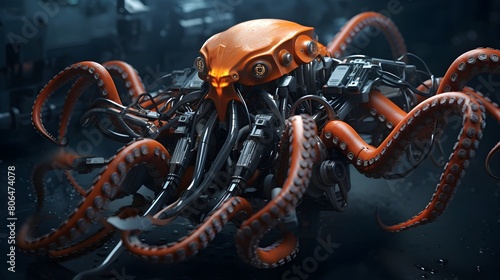 AI-driven robotic octopus with mechanical tentacles, a futuristic marine creation
