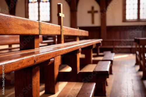 Christian church interior background with wooden furniture and cross