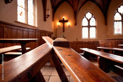 Christian church interior background with wooden furniture and cross