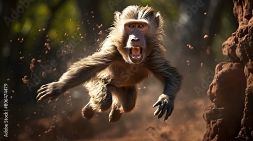 Bumbling baboon caught mid-swing, photo