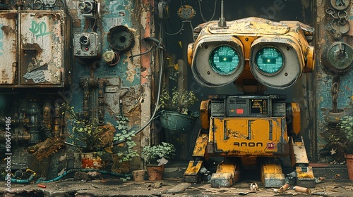 A yellow robot with blue eyes stands in front of a wall with graffiti on it