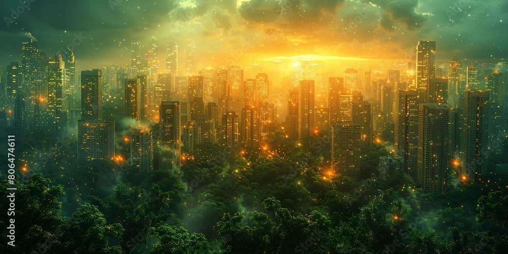 A cityscape with a bright orange sun in the background