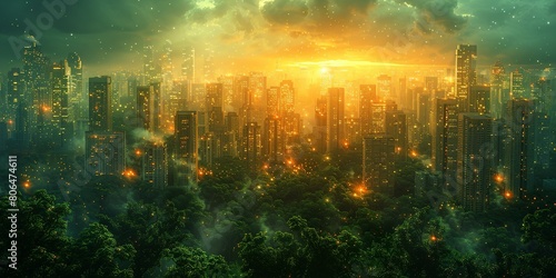 A cityscape with a bright orange sun in the background