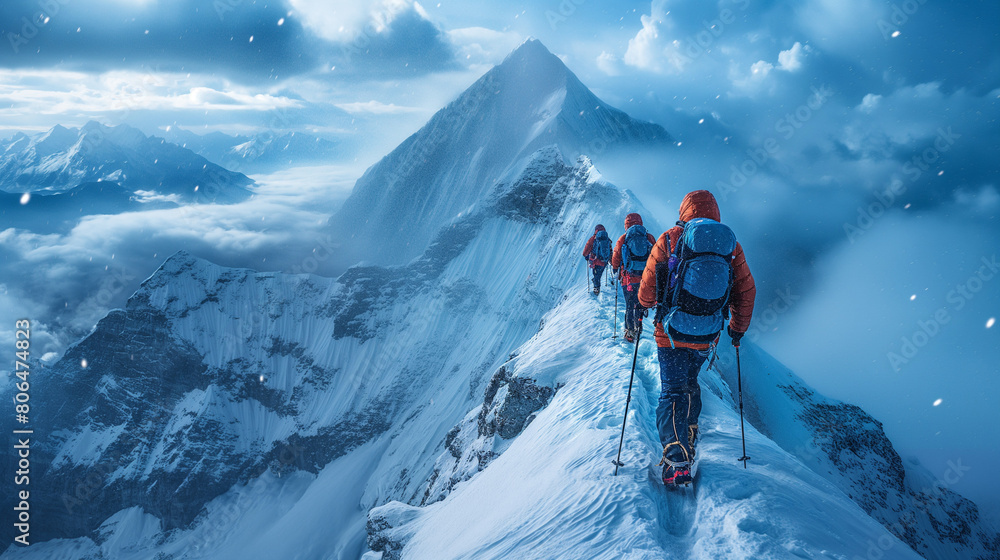 expedition  Group of Mountaineering climbing up to summit the top of snowmountain  Exproler discovery himalayas mountain