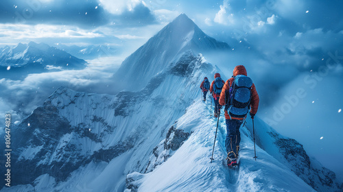 expedition Group of Mountaineering climbing up to summit the top of snowmountain Exproler discovery himalayas mountain