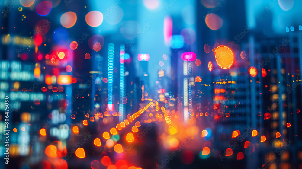 Abstract background of blurred skyscrapers at night business and technology concept.