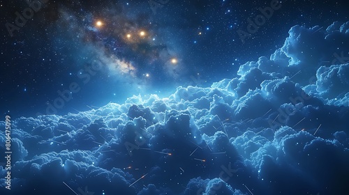 Starry night sky, Deep blue backdrop with golden constellations and shooting stars, leaving space for text.. photo