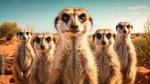 Curious meerkats standing tall in the desert,