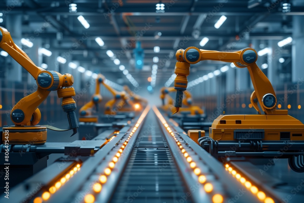 A high-tech manufacturing facility equipped with robotic arms and conveyor belts, showcasing the future of industrial automation 