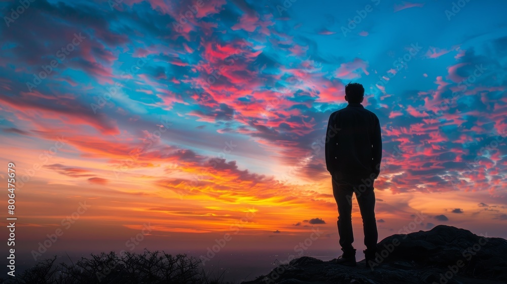 The shifting colors of the sky capture the mans attention reminding him to appreciate the everchanging beauty of nature.