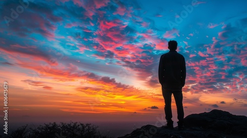 The shifting colors of the sky capture the mans attention reminding him to appreciate the everchanging beauty of nature.