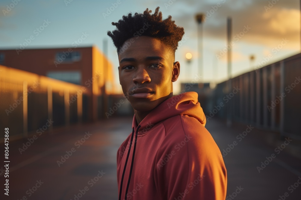 Fototapeta premium A Close-Up Portrait of a Determined Young Athlete with the Vibrant Hues of a Sunset-Lit Basketball Court in the Background