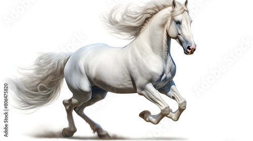Elegant horse in mid-gallop, set against a pristine white backdrop,